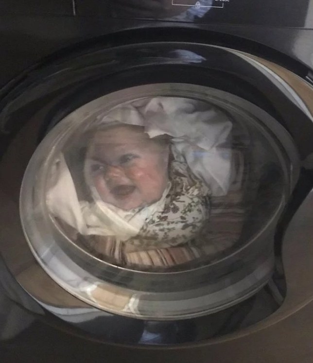 自分の赤ちゃんが洗濯機の中で回っており父が悲鳴、実際は顔がプリントされたTシャツだった